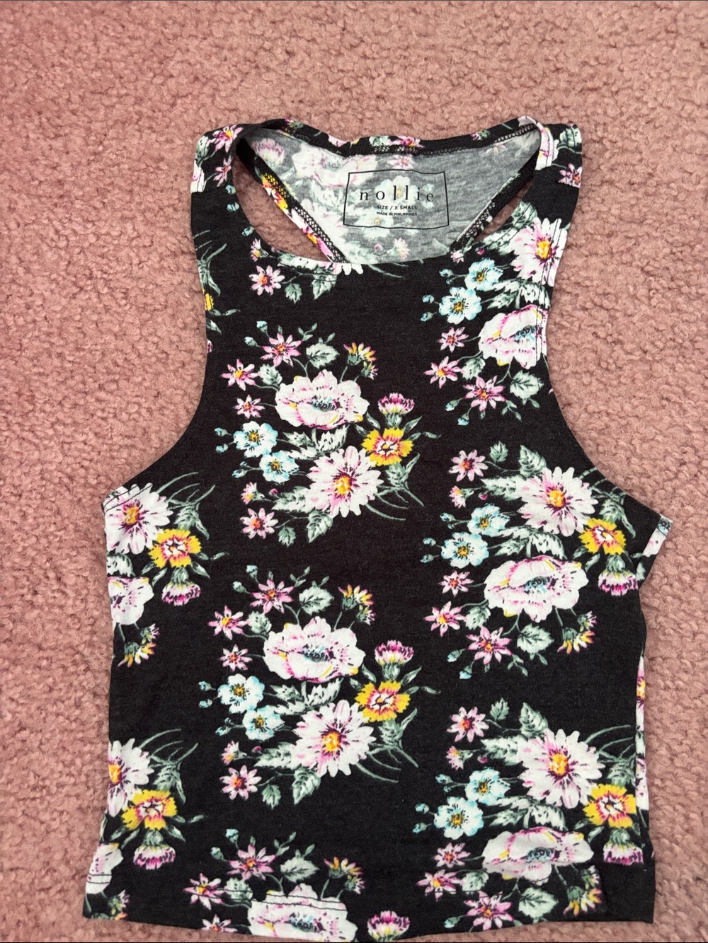 Noelle Black Floral Racerback Tank with Pastel Blooms size Xs